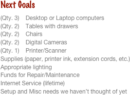 Next Goals
(Qty. 3)    Desktop or Laptop computers
(Qty. 2)    Tables with drawers
(Qty. 2)    Chairs 
(Qty. 2)    Digital Cameras
(Qty. 1)    Printer/Scanner
Supplies (paper, printer ink, extension cords, etc.)
Appropriate lighting
Funds for Repair/Maintenance 
Internet Service (lifetime)
Setup and Misc needs we haven’t thought of yet